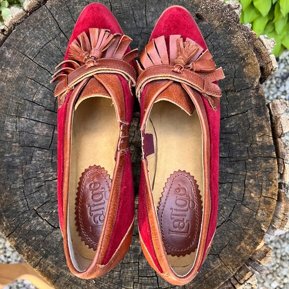 Anthropologie Latigo Viv Red Velvet Brown Leather Loafer Pump Heels US Sz 7.5 - Picture 4 of 4